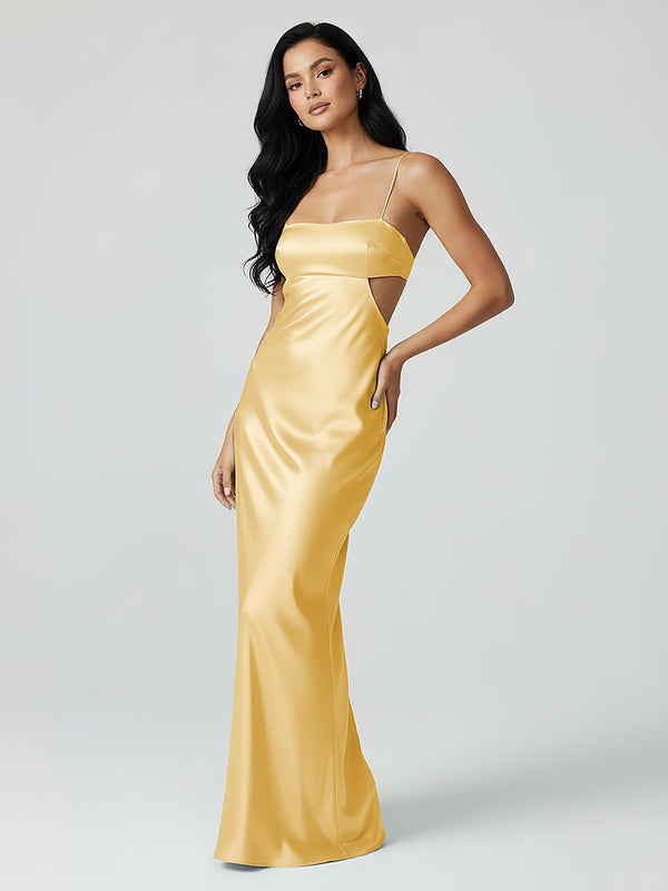 Spaghetti Straps Sheath Aqua Blue Prom Dress Formal Satin Party Dress Yellow / 12
