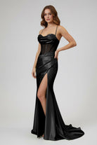 Jeni | Sage Scoop Neck Satin Mermaid Long Prom Dress with Slit - KissProm