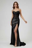 Jeni | Sage Scoop Neck Satin Mermaid Long Prom Dress with Slit - KissProm