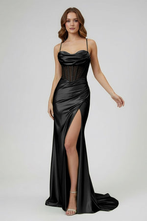 Jeni | Sage Scoop Neck Satin Mermaid Long Prom Dress with Slit - KissProm