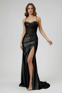 Jeni | Sage Scoop Neck Satin Mermaid Long Prom Dress with Slit - KissProm