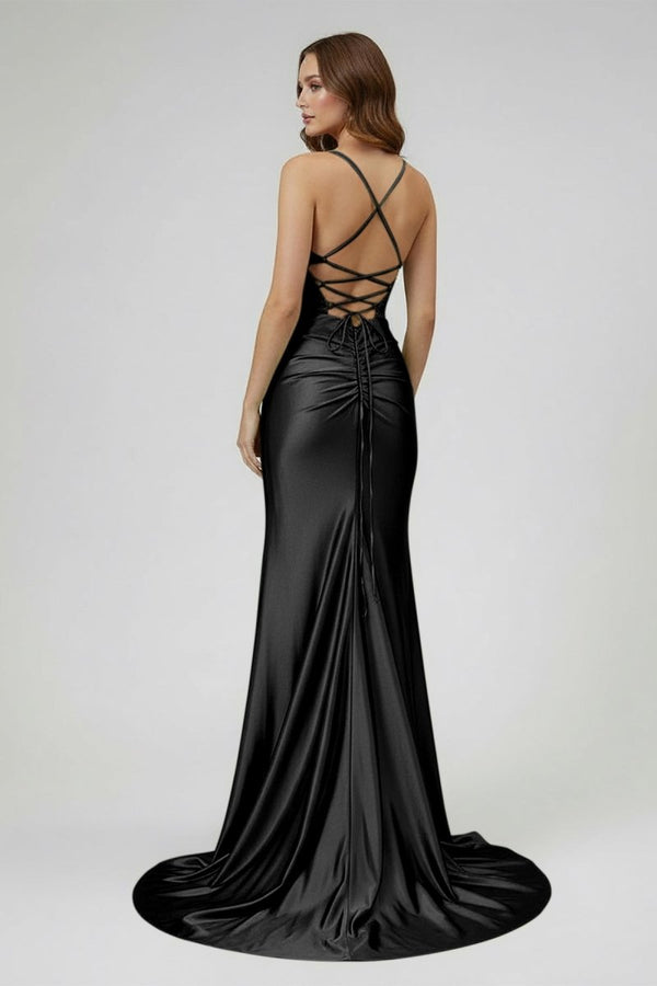 Jeni | Sage Scoop Neck Satin Mermaid Long Prom Dress with Slit - KissProm