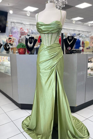 KissProm-Jeni Sage Scoop Neck Satin Mermaid Long Prom Dress with Slit