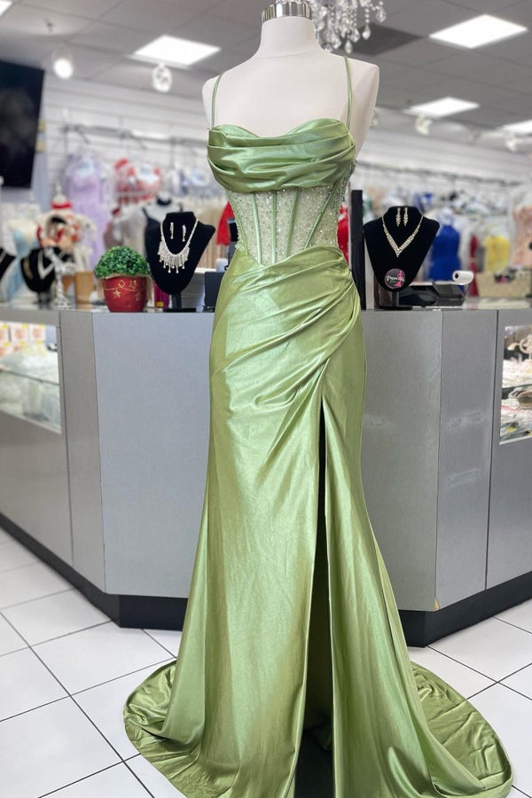 KissProm-Jeni Sage Scoop Neck Satin Mermaid Long Prom Dress with Slit