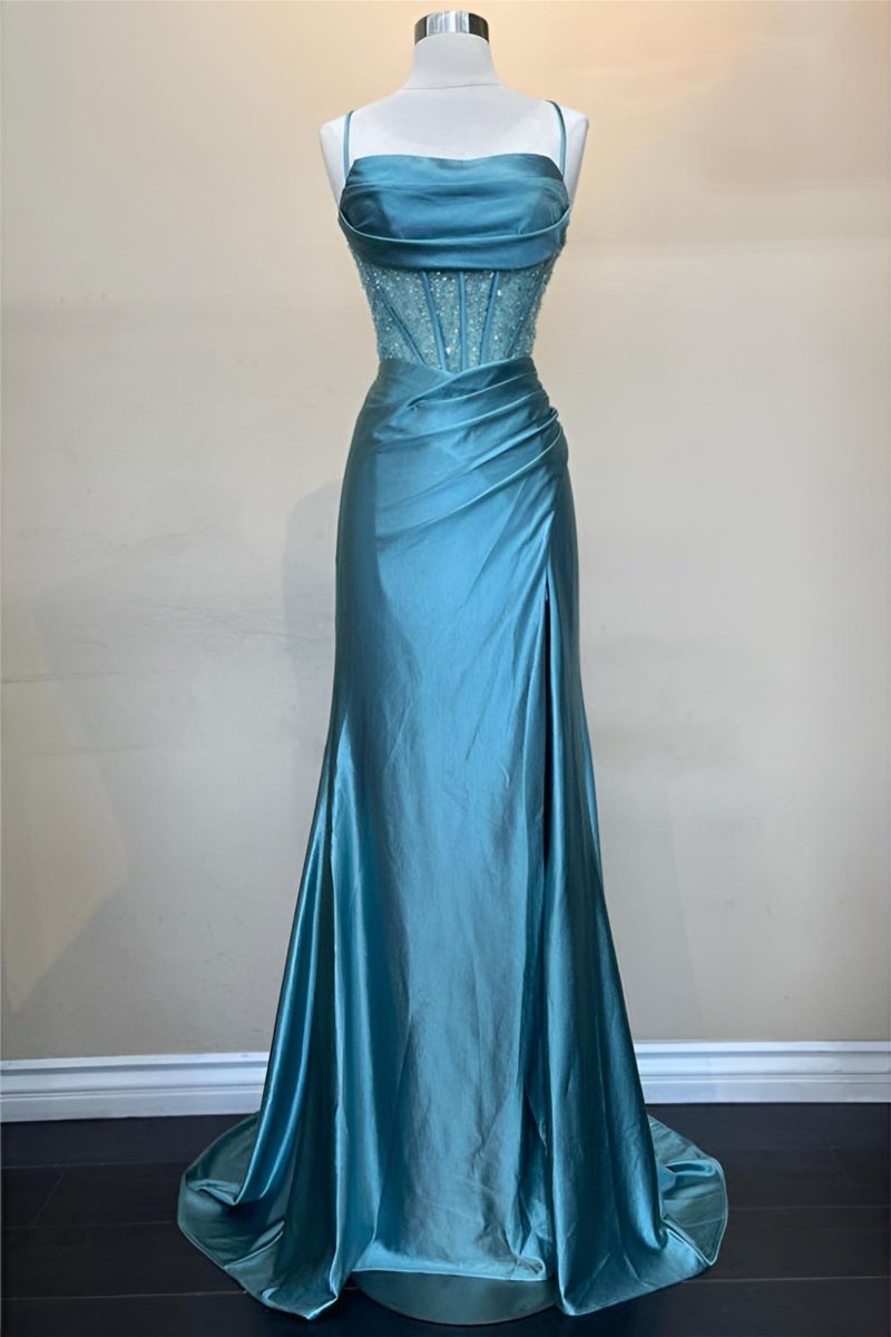 KissProm-Jeni Blue Scoop Neck Satin Mermaid Long Prom Dress with Slit
