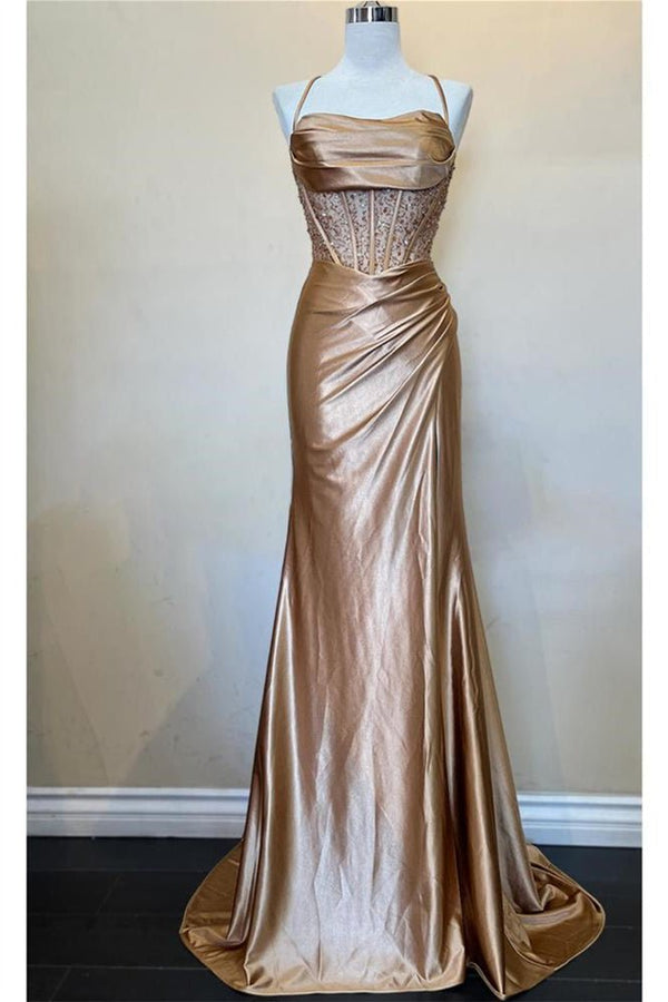 KissProm-Jeni Champagne Scoop Neck Satin Mermaid Long Prom Dress with Slit