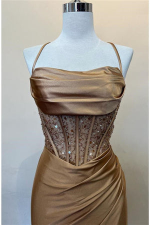 KissProm-Jeni Champagne Scoop Neck Satin Mermaid Long Prom Dress with Slit