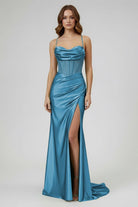 Jeni | Sage Scoop Neck Satin Mermaid Long Prom Dress with Slit - KissProm