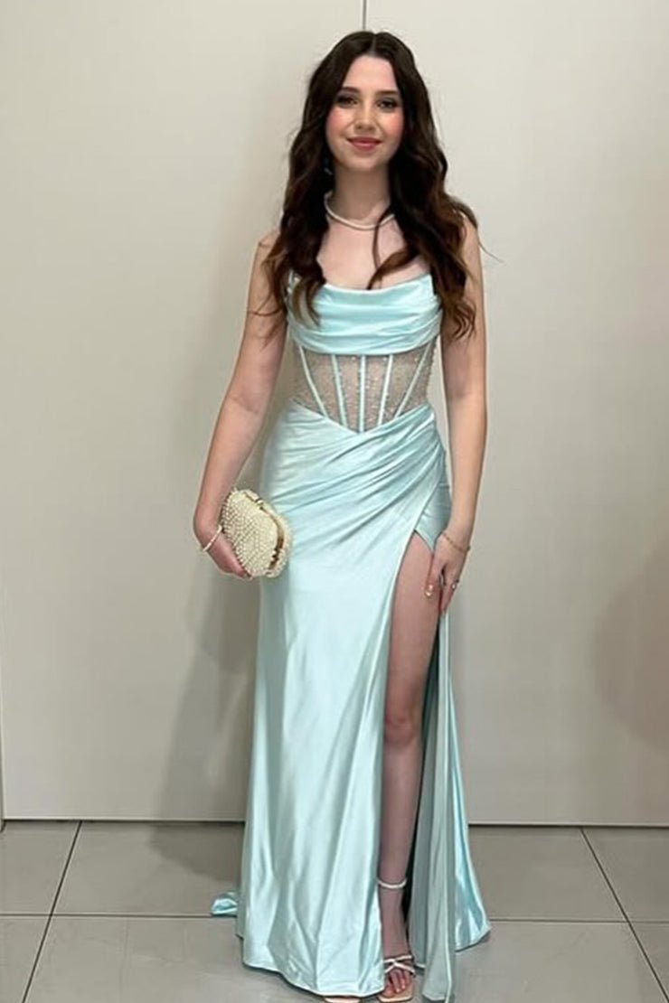 KissProm-Jeni Mint Green Scoop Neck Satin Mermaid Long Prom Dress with Slit