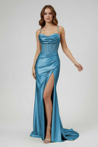 Jeni | Sage Scoop Neck Satin Mermaid Long Prom Dress with Slit - KissProm