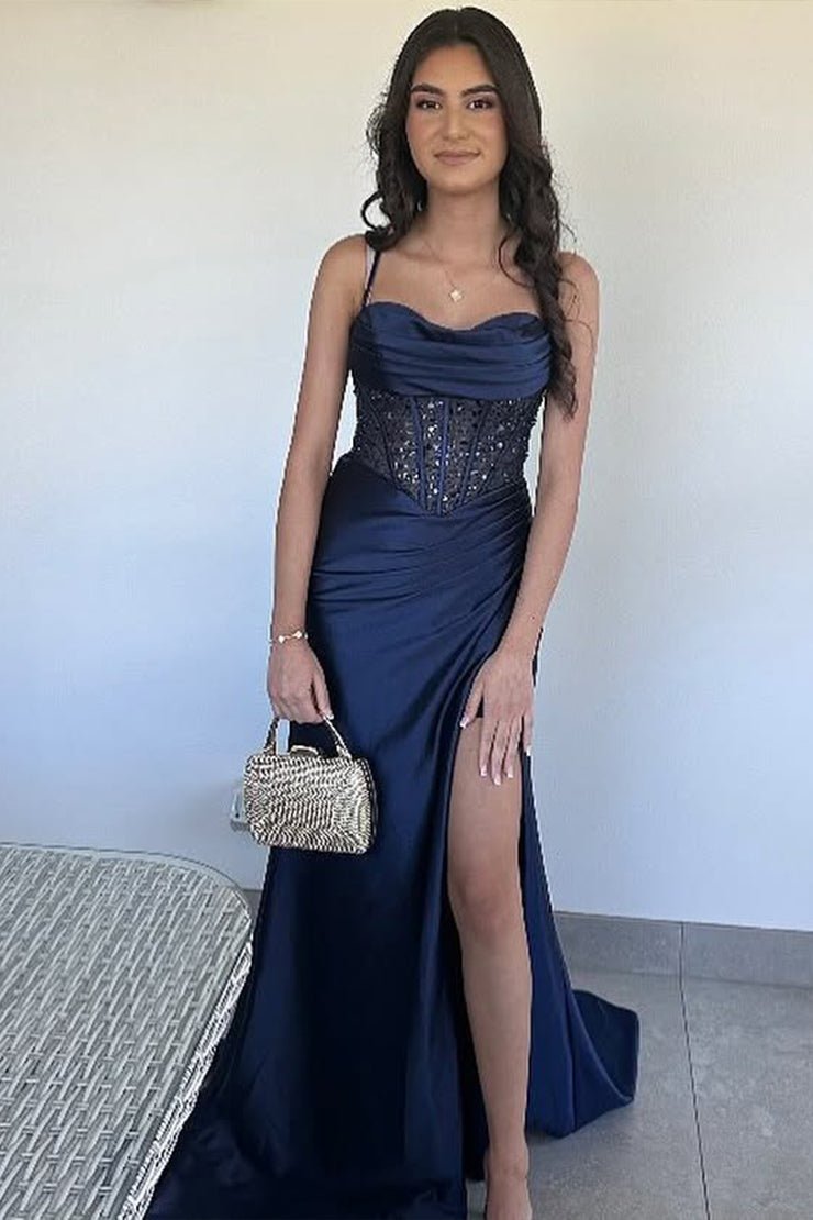 KissProm-Jeni Navy Blue Scoop Neck Satin Mermaid Long Prom Dress with Slit