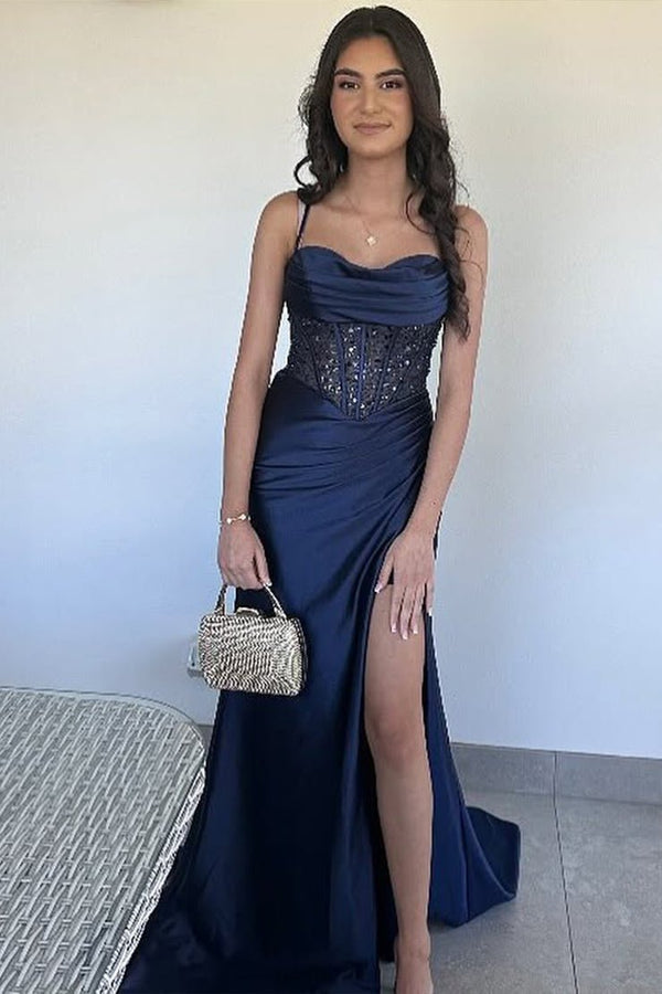 KissProm-Jeni Navy Blue Scoop Neck Satin Mermaid Long Prom Dress with Slit