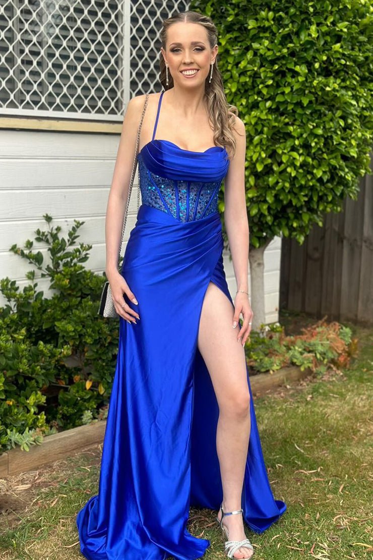 KissProm-Jeni Royal Blue Scoop Neck Satin Mermaid Long Prom Dress with Slit