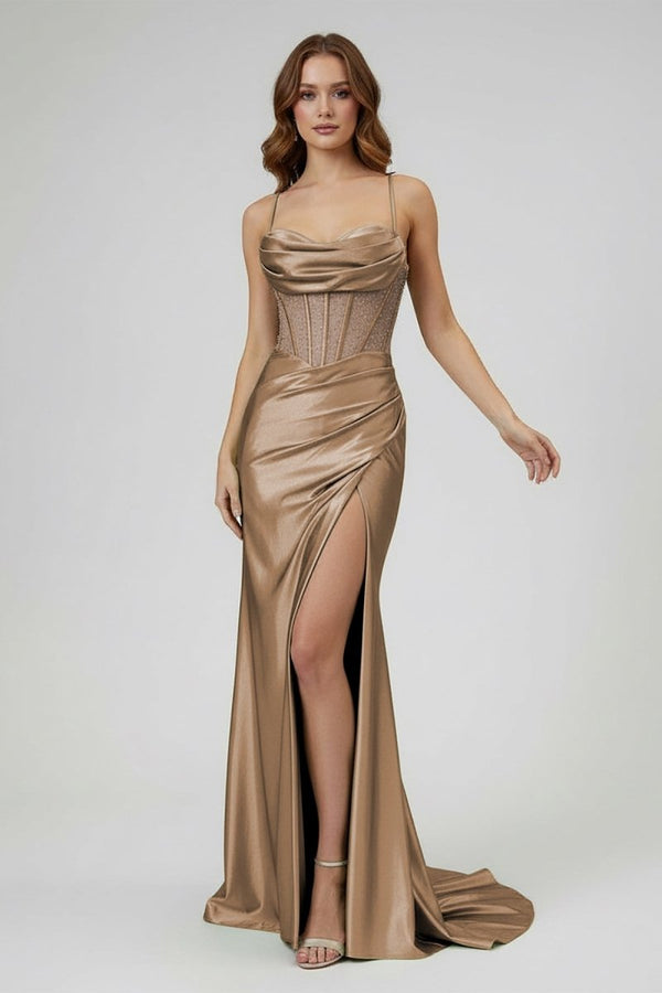Sage Spaghetti Straps Satin Mermaid Long Prom Dress with Slit, Champagne / 12