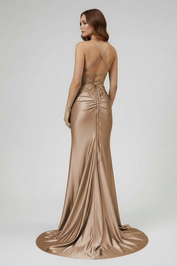 Sage Spaghetti Straps Satin Mermaid Long Prom Dress with Slit Sage Spaghetti Straps Satin Mermaid Long Prom Dress with Slit