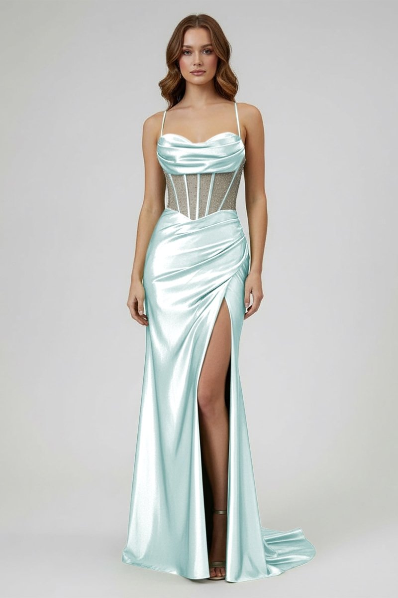 KissProm Sage Spaghetti Straps Satin Mermaid Long Prom Dress with Slit, Mint Green / 16