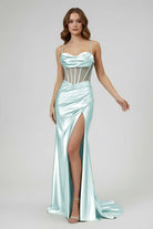 Jeni | Sage Scoop Neck Satin Mermaid Long Prom Dress with Slit - KissProm