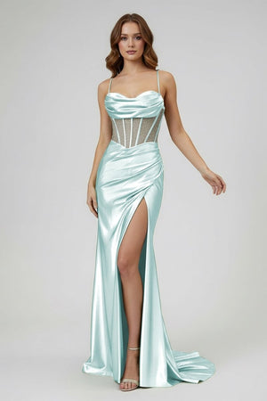 Jeni | Sage Scoop Neck Satin Mermaid Long Prom Dress with Slit - KissProm