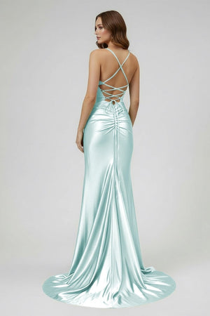 Jeni | Sage Scoop Neck Satin Mermaid Long Prom Dress with Slit - KissProm
