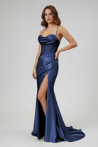 Jeni | Sage Scoop Neck Satin Mermaid Long Prom Dress with Slit - KissProm