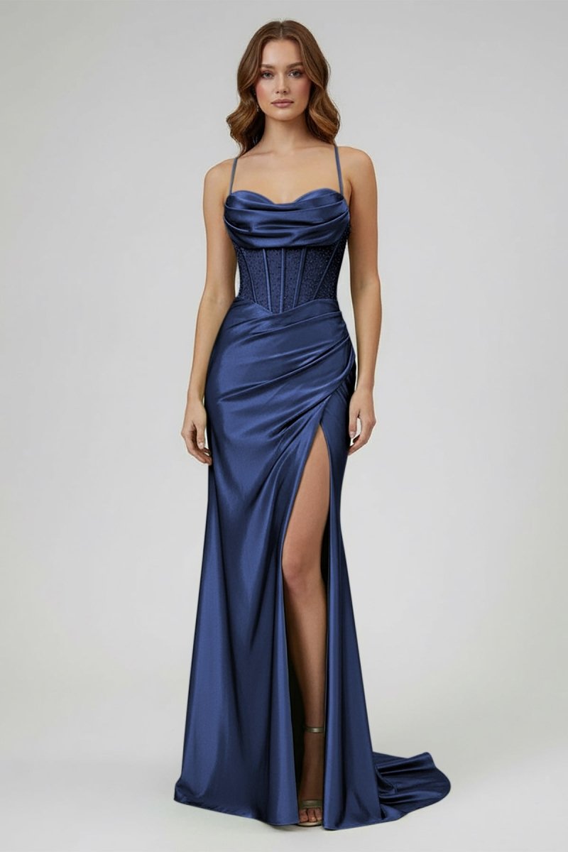 Jeni | Sage Scoop Neck Satin Mermaid Long Prom Dress with Slit - KissProm