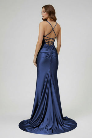 Jeni | Sage Scoop Neck Satin Mermaid Long Prom Dress with Slit - KissProm