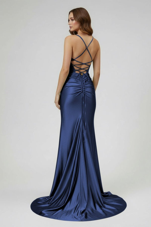 Jeni | Sage Scoop Neck Satin Mermaid Long Prom Dress with Slit - KissProm