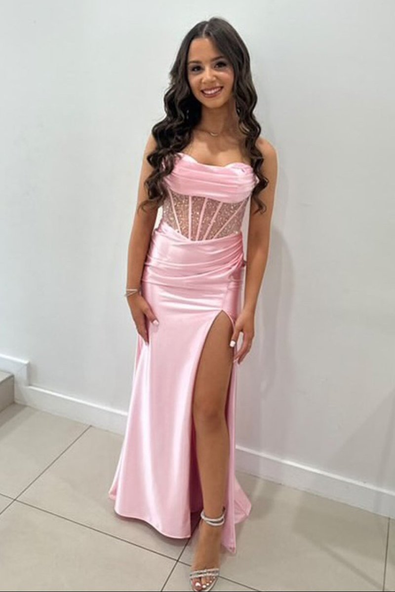 KissProm-Jeni Pink Scoop Neck Satin Mermaid Long Prom Dress with Slit