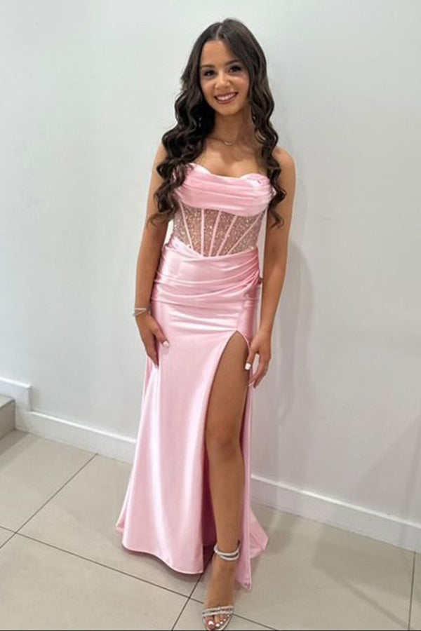 KissProm-Jeni Pink Scoop Neck Satin Mermaid Long Prom Dress with Slit