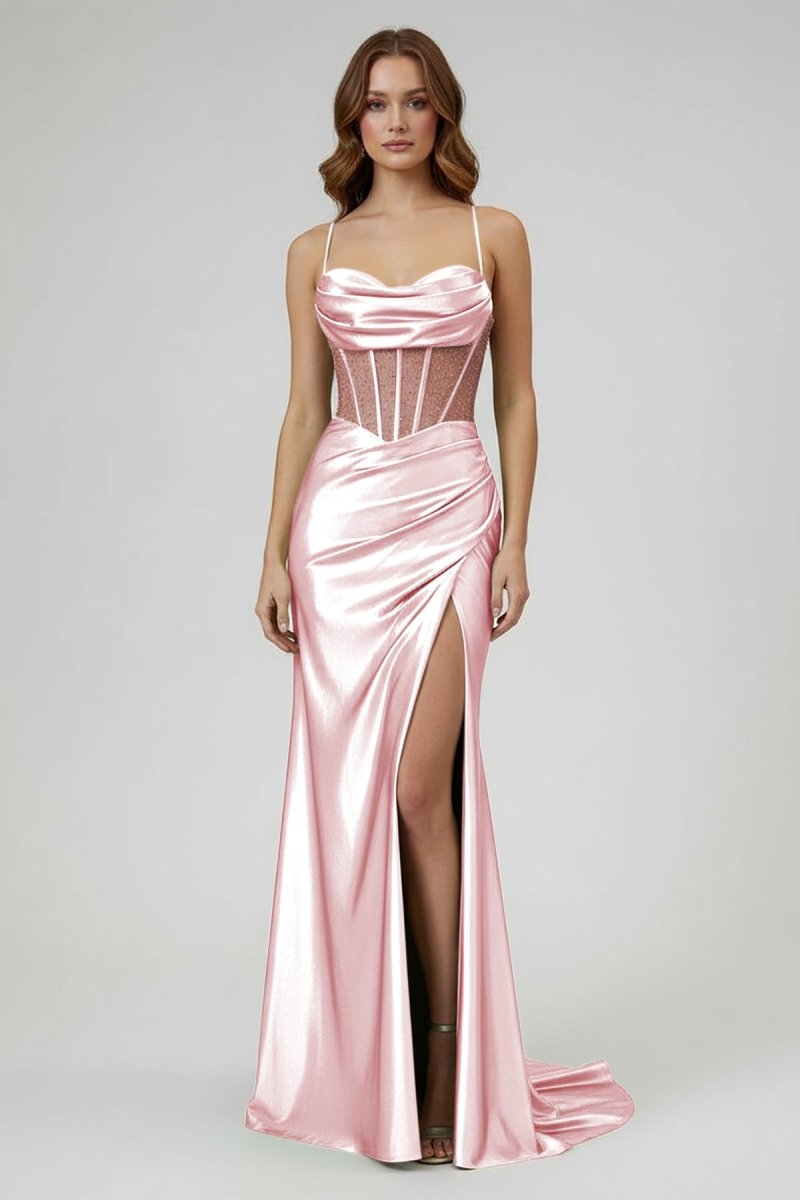 Jeni | Sage Scoop Neck Satin Mermaid Long Prom Dress with Slit - KissProm