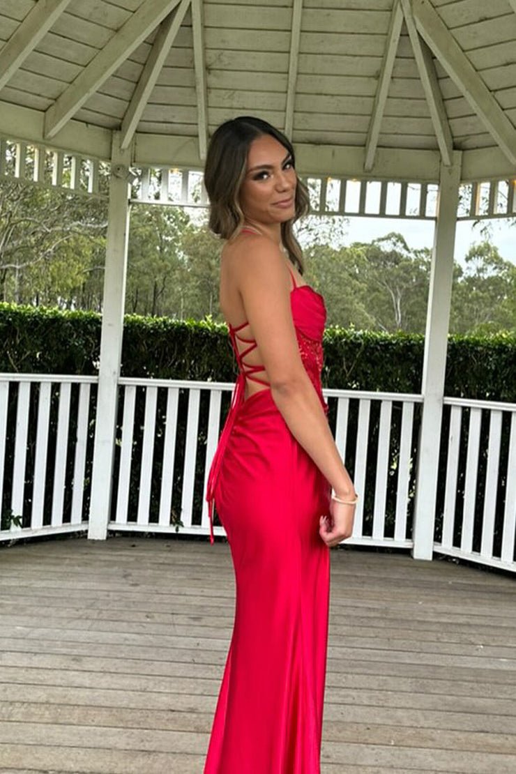 KissProm-Jeni Red Scoop Neck Satin Mermaid Long Prom Dress with Slit