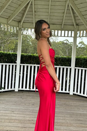 KissProm-Jeni Red Scoop Neck Satin Mermaid Long Prom Dress with Slit