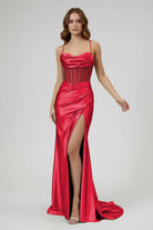 Jeni | Sage Scoop Neck Satin Mermaid Long Prom Dress with Slit - KissProm