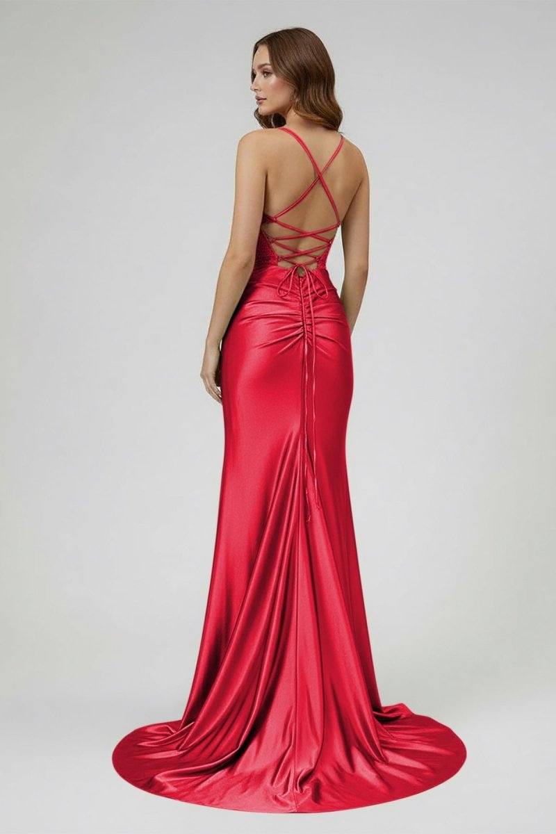 Jeni | Sage Scoop Neck Satin Mermaid Long Prom Dress with Slit - KissProm