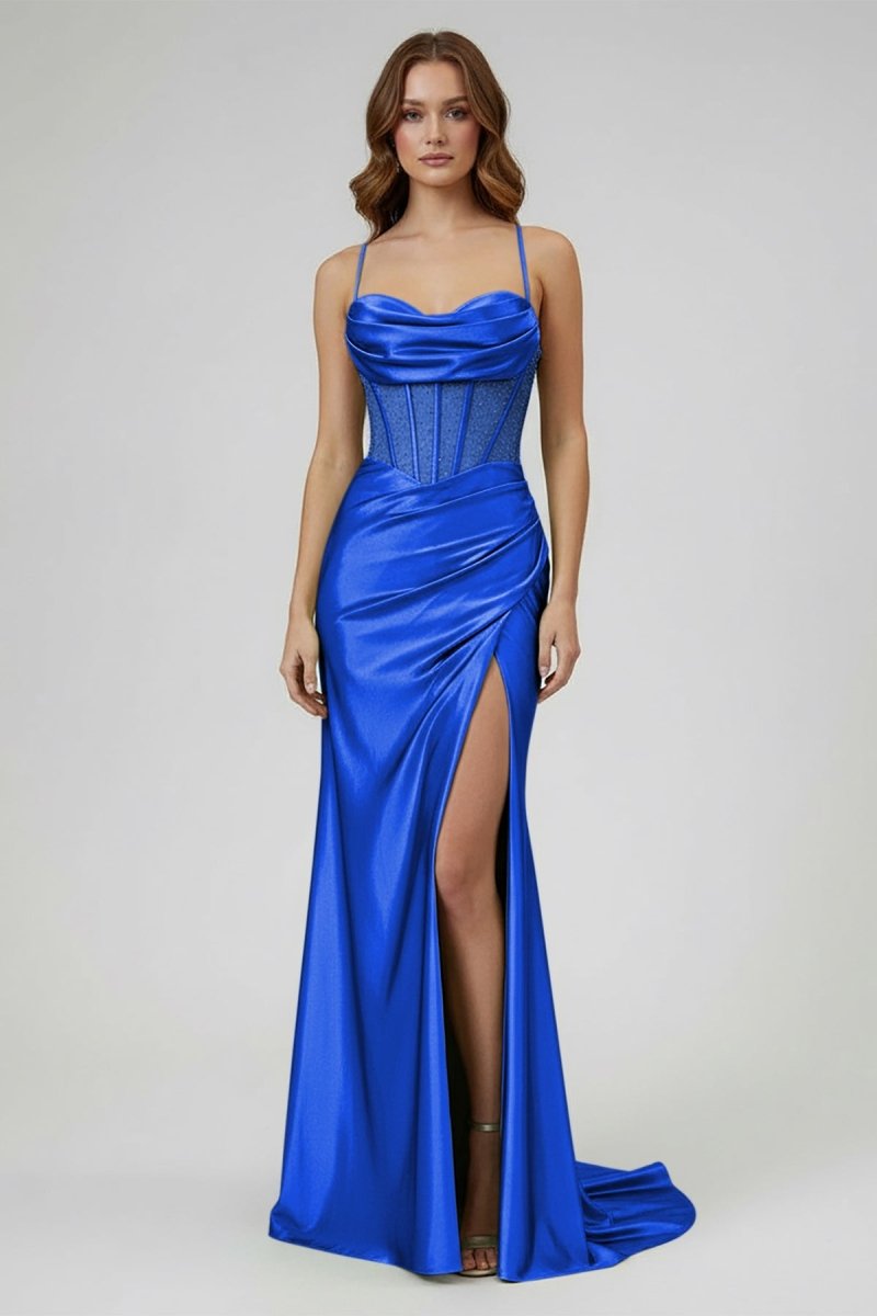 Jeni | Sage Scoop Neck Satin Mermaid Long Prom Dress with Slit - KissProm