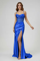 Jeni | Sage Scoop Neck Satin Mermaid Long Prom Dress with Slit - KissProm