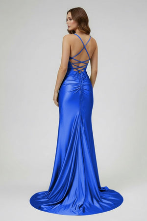 Jeni | Sage Scoop Neck Satin Mermaid Long Prom Dress with Slit - KissProm