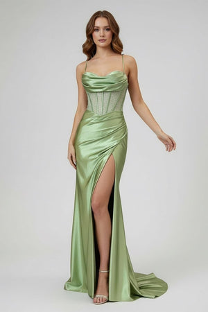KissProm-Jeni Sage Scoop Neck Satin Mermaid Long Prom Dress with Slit
