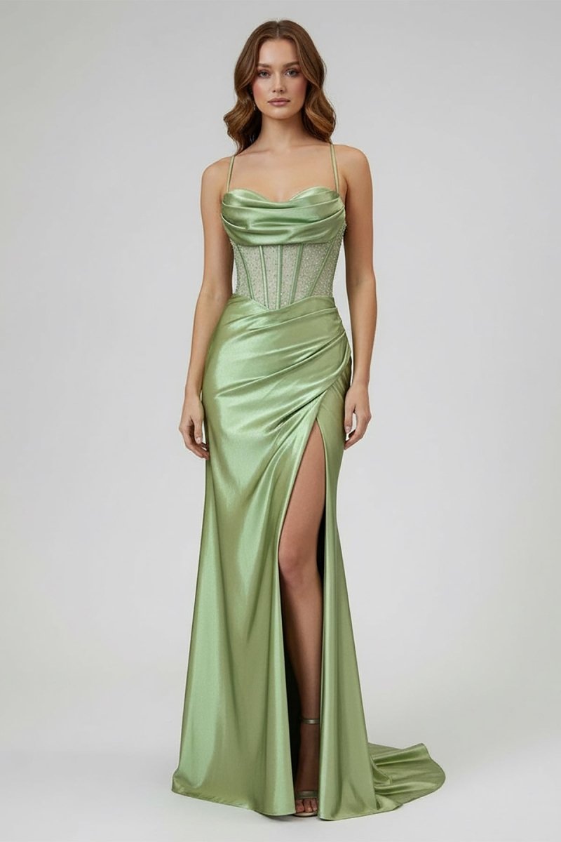 KissProm-Jeni Sage Green Scoop Neck Satin Mermaid Long Prom Dress with Slit