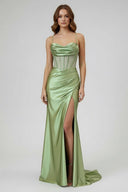 KissProm-Jeni Sage Scoop Neck Satin Mermaid Long Prom Dress with Slit