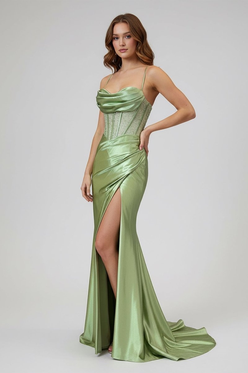 KissProm-Jeni Sage Scoop Neck Satin Mermaid Long Prom Dress with Slit