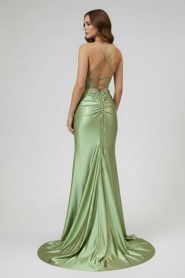 KissProm-Jeni Sage Scoop Neck Satin Mermaid Long Prom Dress with Slit