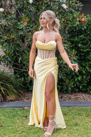 KissProm-Jeni Yellow Scoop Neck Satin Mermaid Long Prom Dress with Slit