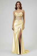 Jeni | Yellow Scoop Neck Satin Mermaid Long Prom Dress with Slit - KissProm
