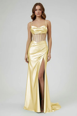 Jeni | Yellow Scoop Neck Satin Mermaid Long Prom Dress with Slit - KissProm