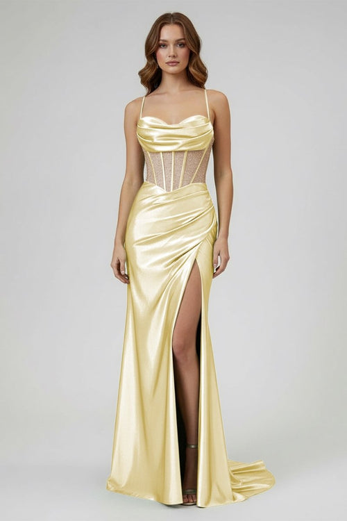Jeni | Sage Scoop Neck Satin Mermaid Long Prom Dress with Slit - KissProm