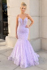 Mermaid Spaghetti Straps Lavender Lace Tulle Long Prom Dresses - KissProm