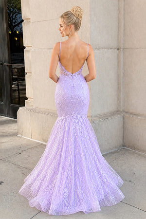 Mermaid Spaghetti Straps Lavender Lace Tulle Long Prom Dresses - KissProm