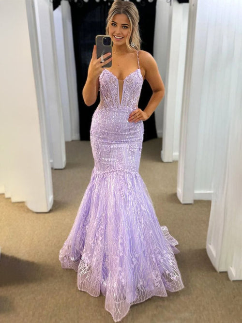 Jennon | Mermaid V Neck Lavender Lace Tulle Long Prom Dresses - KissProm