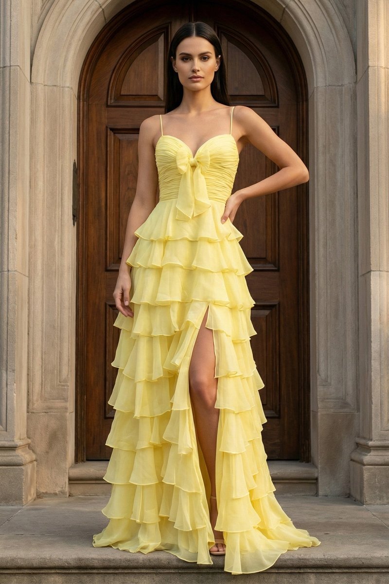 Jensyn | A Line Spaghetti Straps Yellow Long Prom Dress with Ruffles - KissProm